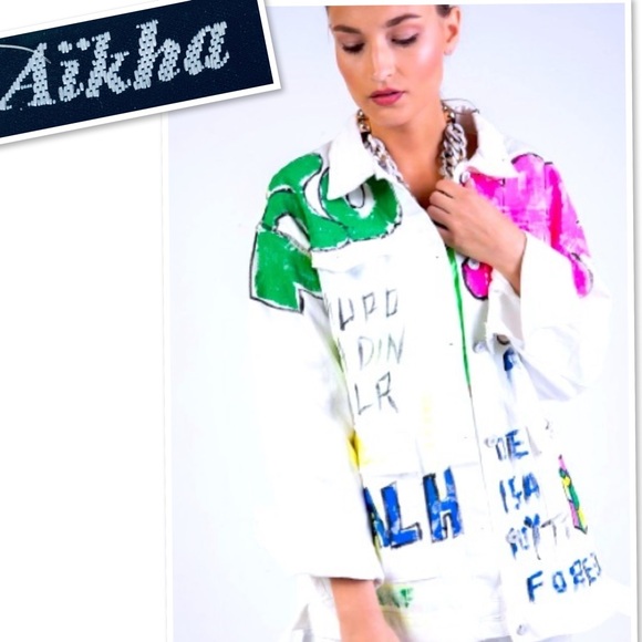 Aikha Handmade Graffiti Hand Painted Denim Jeans Jacket in White Size M/L - Picture 3 of 16